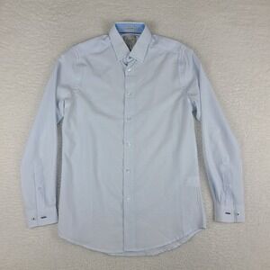 C LAB NYC Shirt Mens Small 14.5 32/33 Blue White 4 Way Stretch Dress Button Up